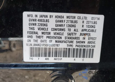 2015 Acura Rlx из США, поврежденный, VIN JH4KC1F50FC000787